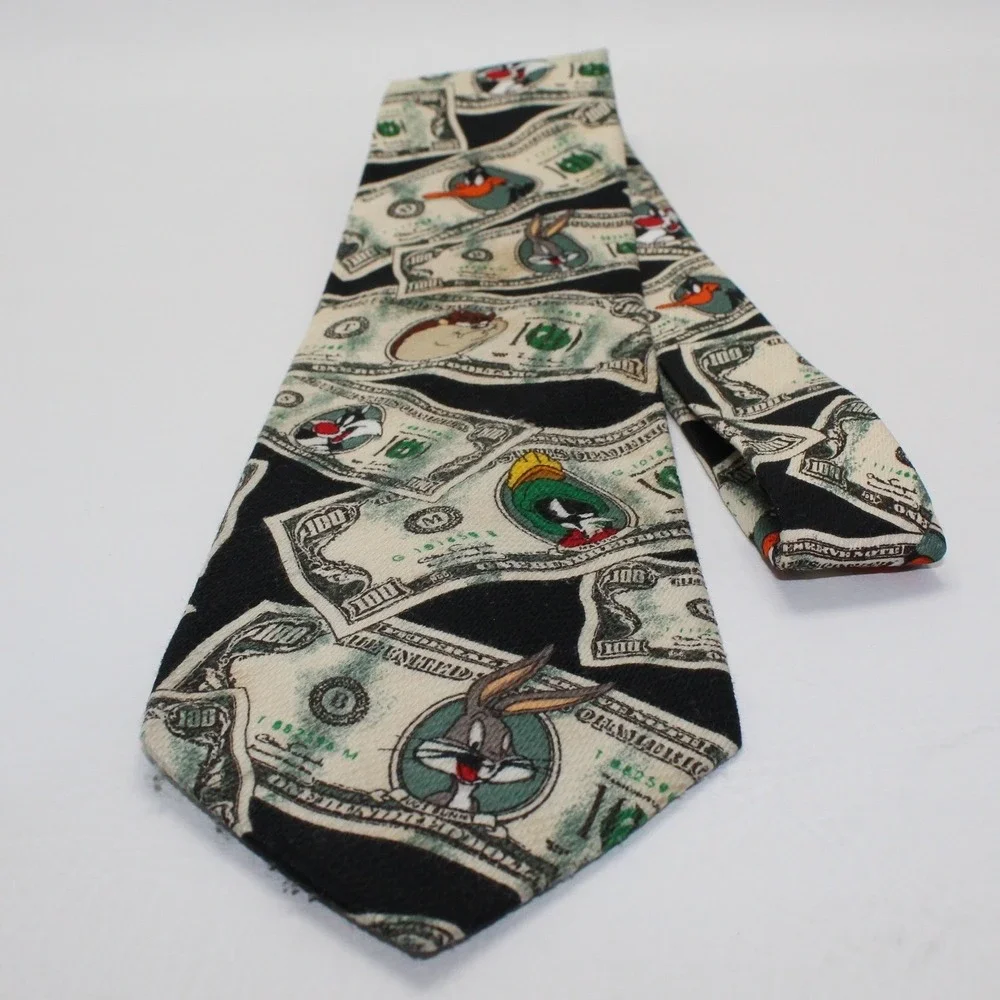 Vintage 1995 Looney Tunes Mania Money Tie Bugs Bunny Daffy Duck 100 Dollar Bill